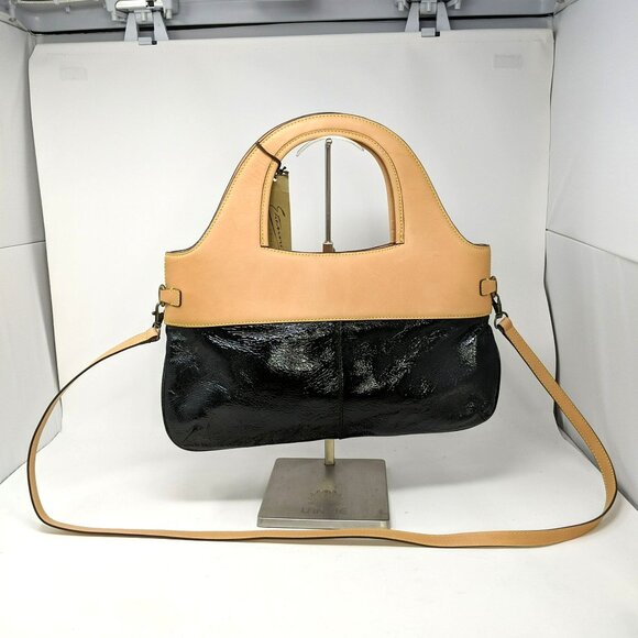 Etienne Privee Purse Bag Black Tan Satchel Leather Top Handle Strap - Picture 5 of 12